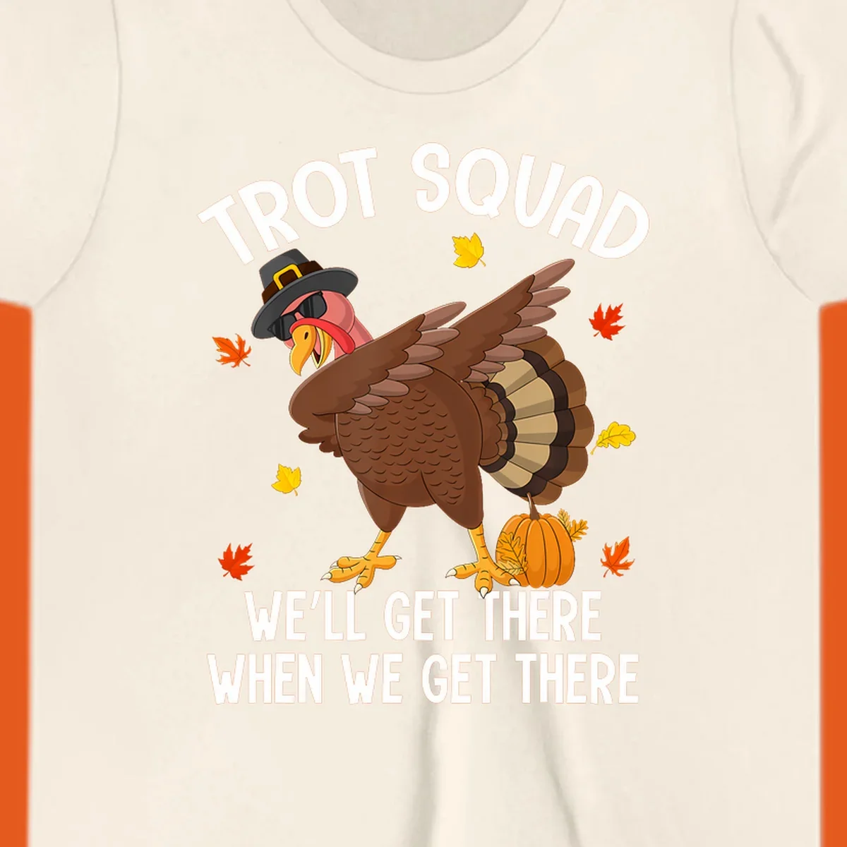 Turkey Trot Squad running shirt design with a dabbing turkey and text.