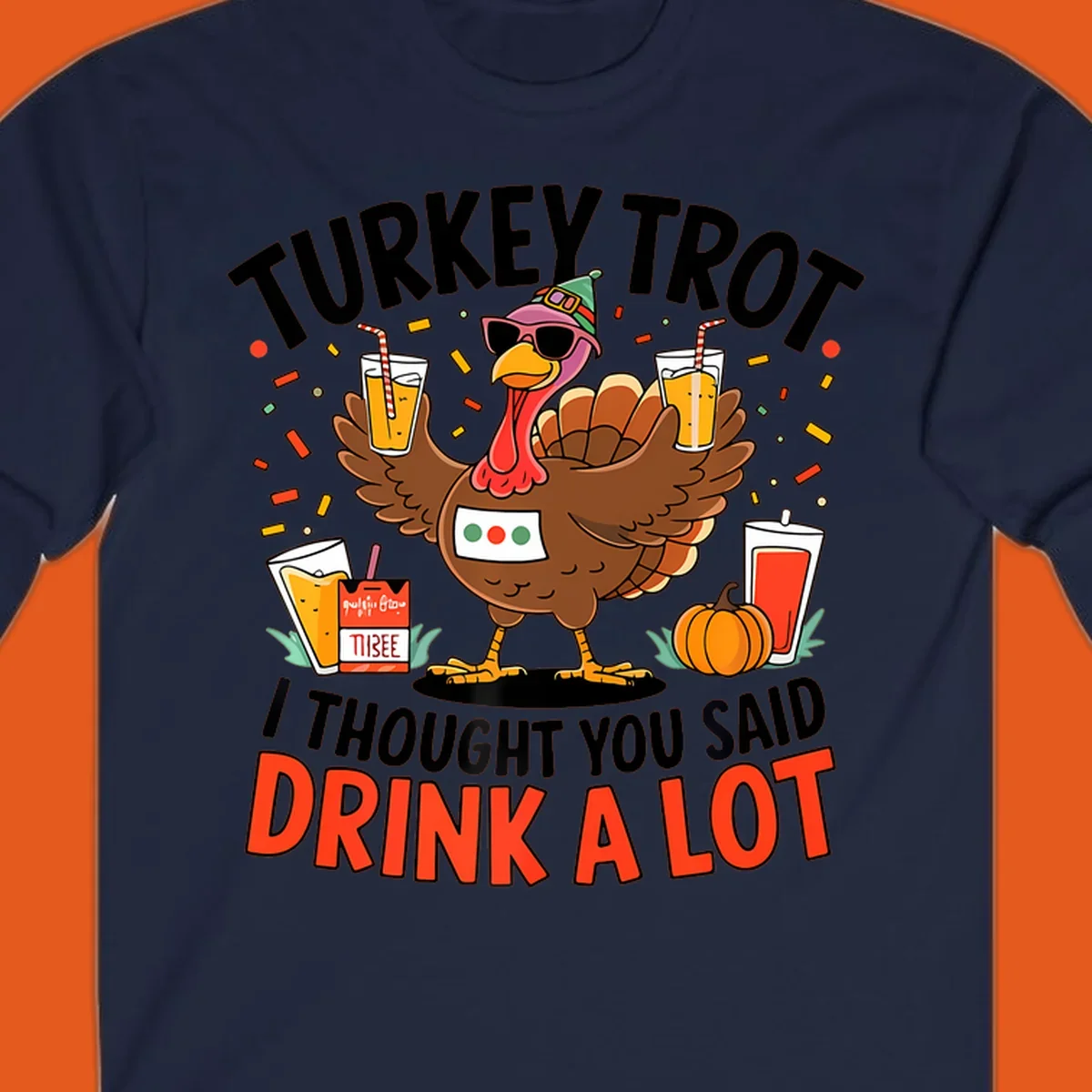 Cartoon turkey with sunglasses and a party hat holding drinks with text 'Turkey Trot I Thought You Said Drink A Lot'.