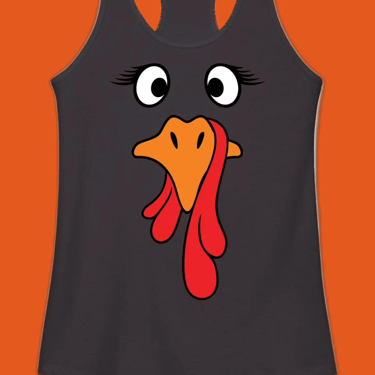 Funny turkey face graphic with googly eyes and wattle, perfect for Thanksgiving Trot runners.