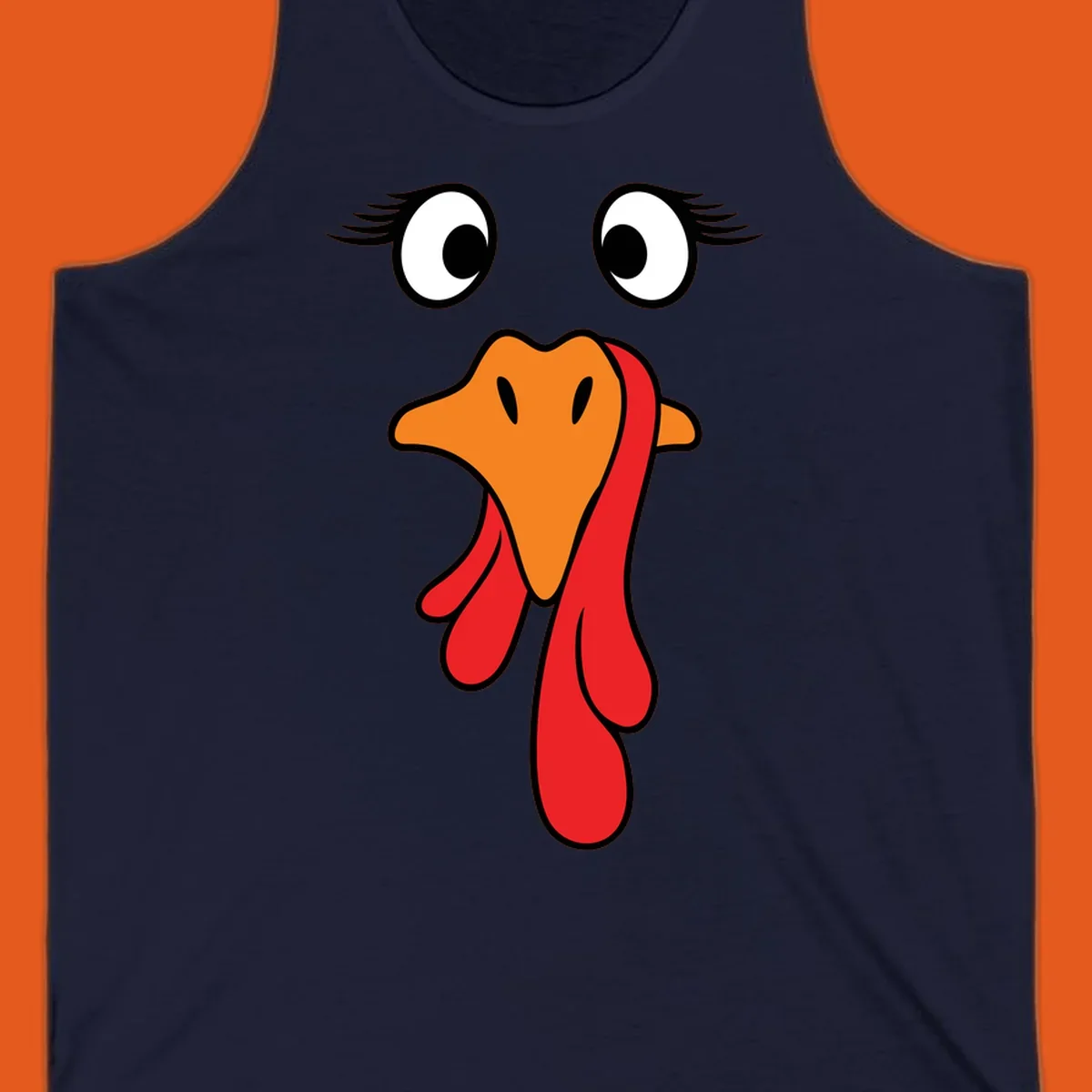 Funny turkey face graphic with googly eyes and wattle, perfect for Thanksgiving Trot runners.