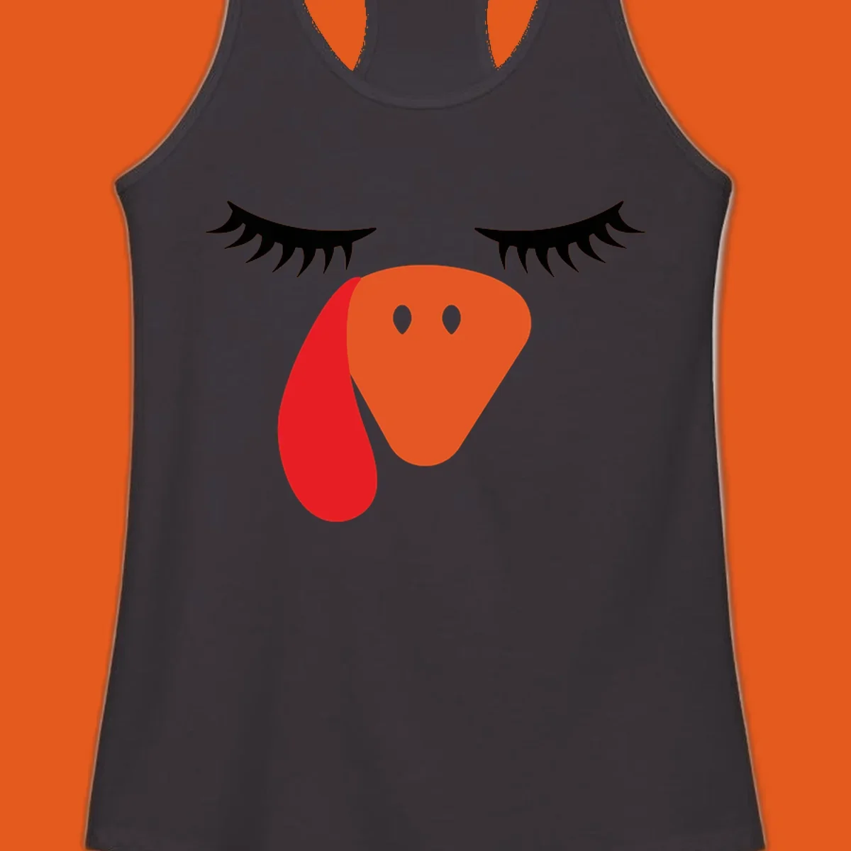 Funny turkey face graphic with closed eyes and eyelashes, perfect for Turkey Trot shirts.