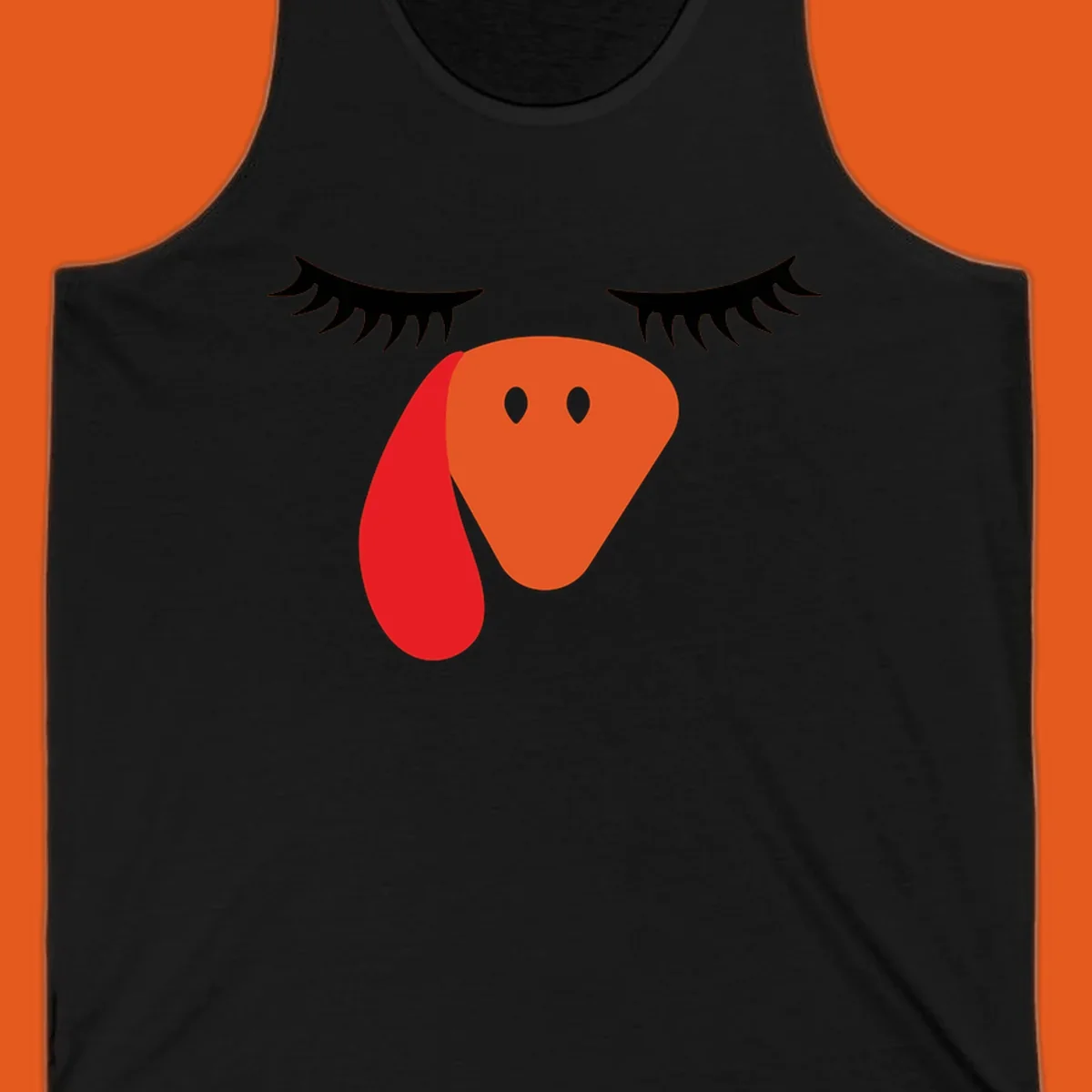 Funny turkey face graphic with closed eyes and eyelashes, perfect for Turkey Trot shirts.