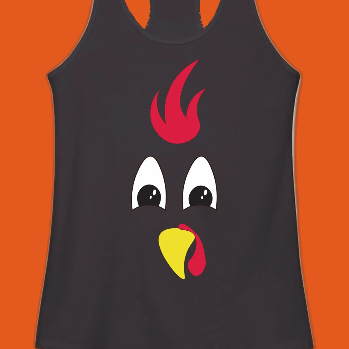 Rooster face graphic for Turkey Trot runners, featuring a red comb and yellow beak.
