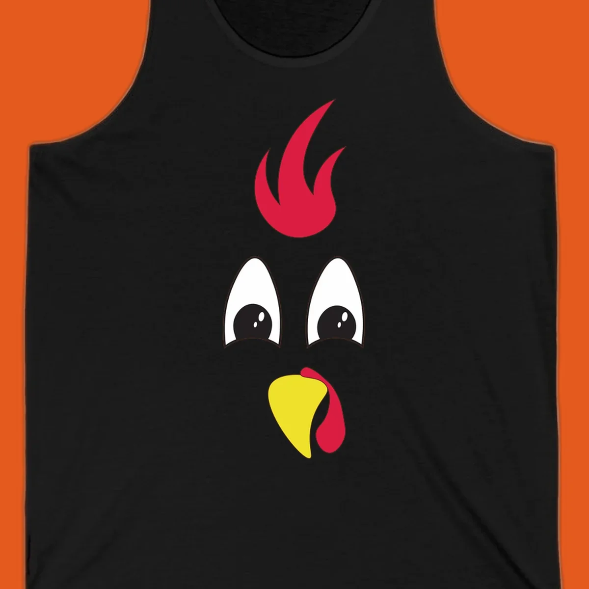 Rooster face graphic for Turkey Trot runners, featuring a red comb and yellow beak.