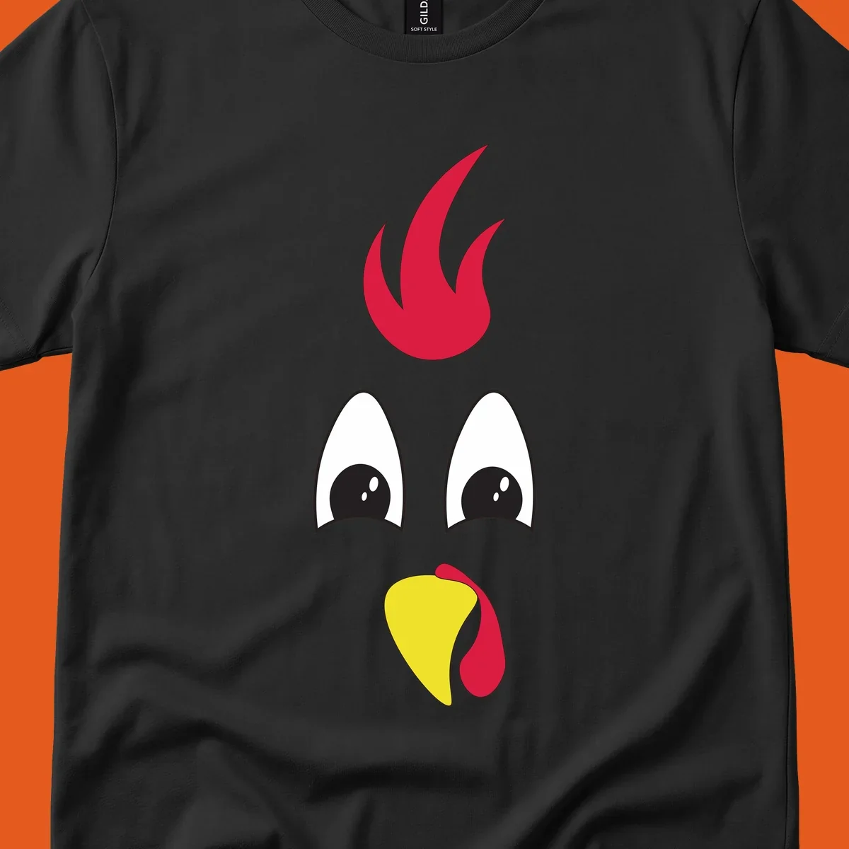 Rooster face graphic for Turkey Trot runners, featuring a red comb and yellow beak.