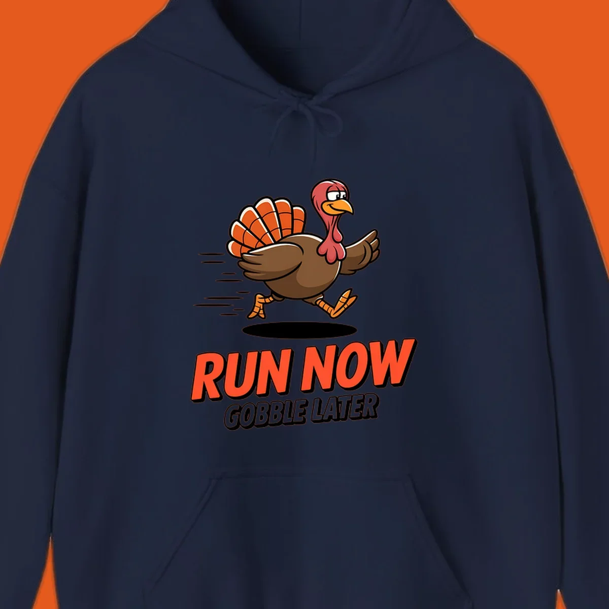 Running turkey illustration with text 'RUN NOW GOBBLE LATER' for Turkey Trot race.