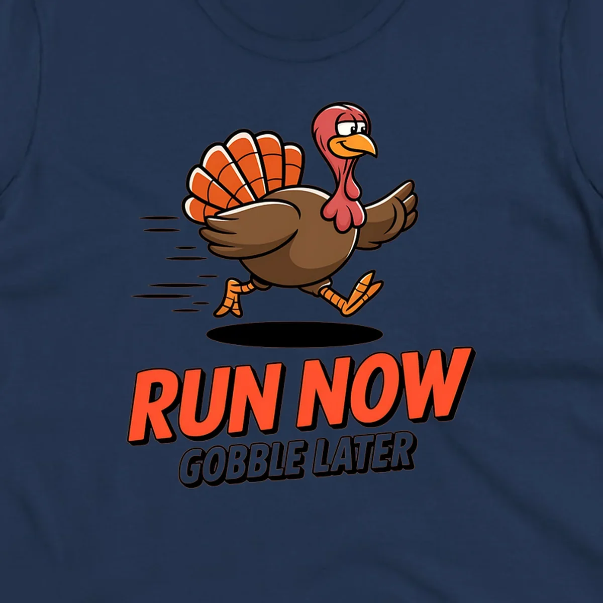 Running turkey illustration with text 'RUN NOW GOBBLE LATER' for Turkey Trot race.