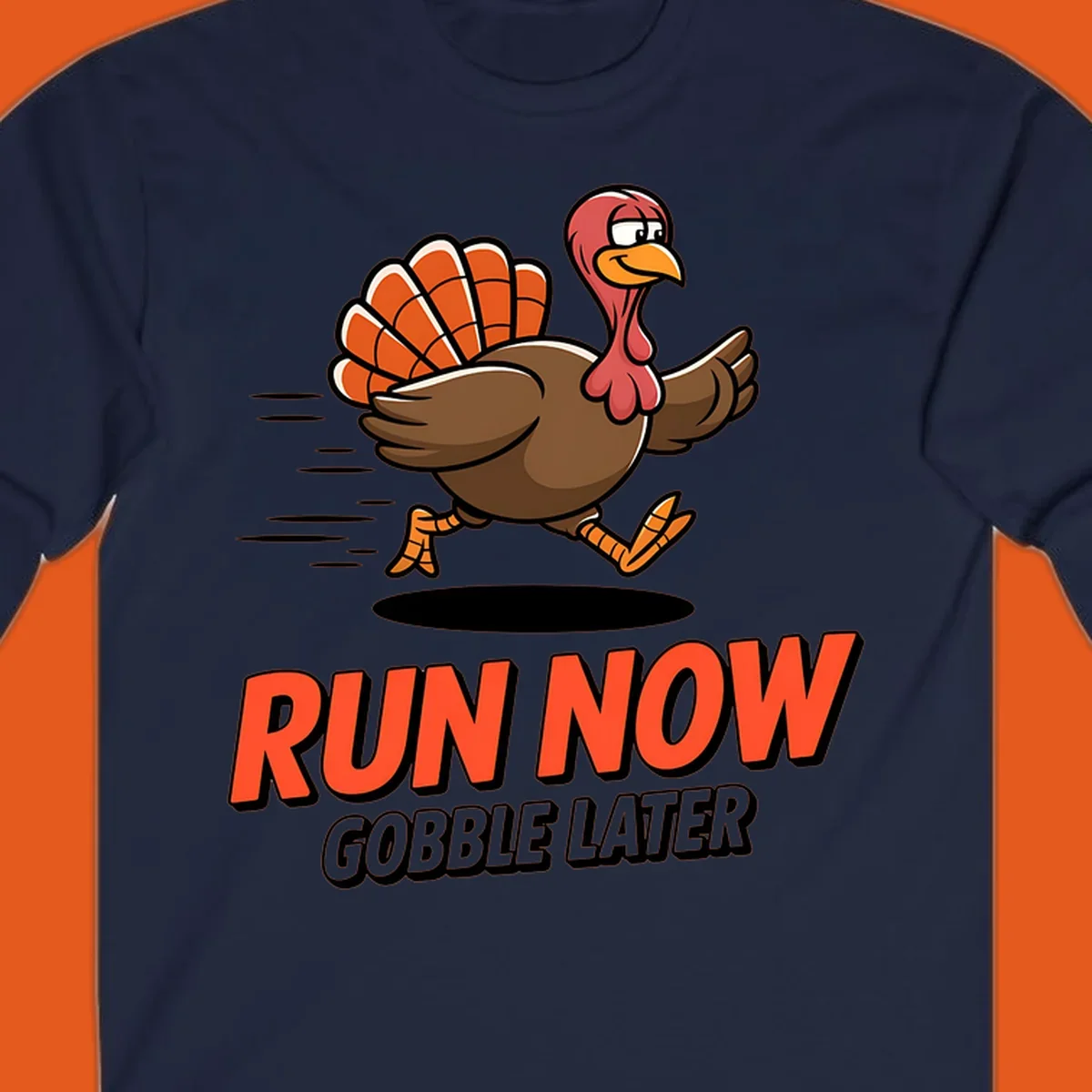 Running turkey illustration with text 'RUN NOW GOBBLE LATER' for Turkey Trot race.