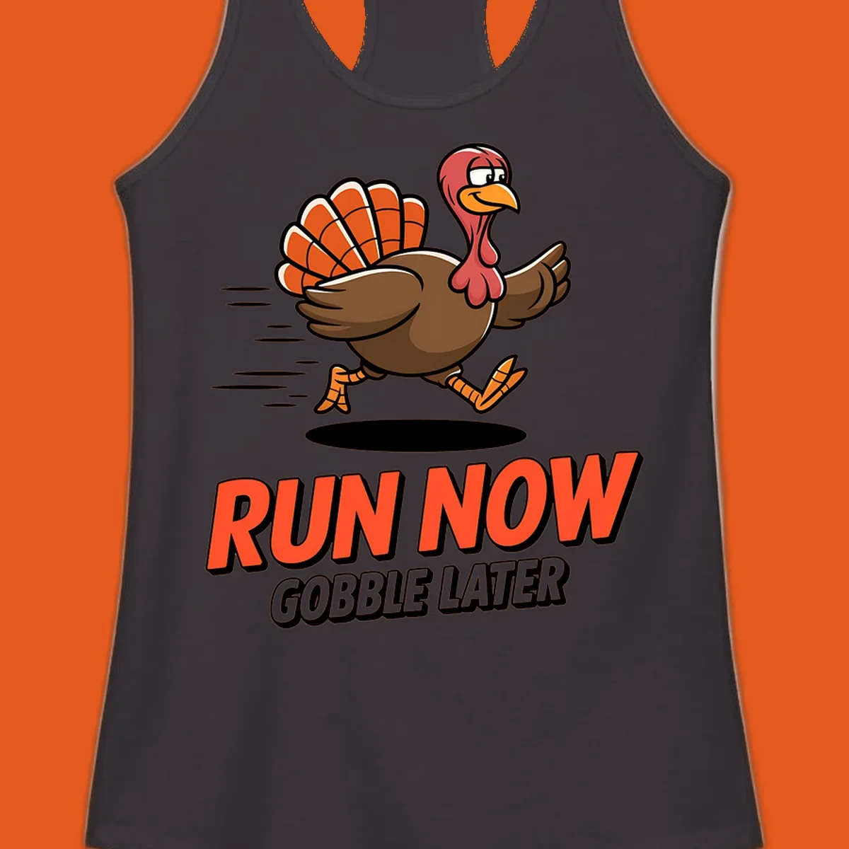 Running turkey illustration with text 'RUN NOW GOBBLE LATER' for Turkey Trot race.