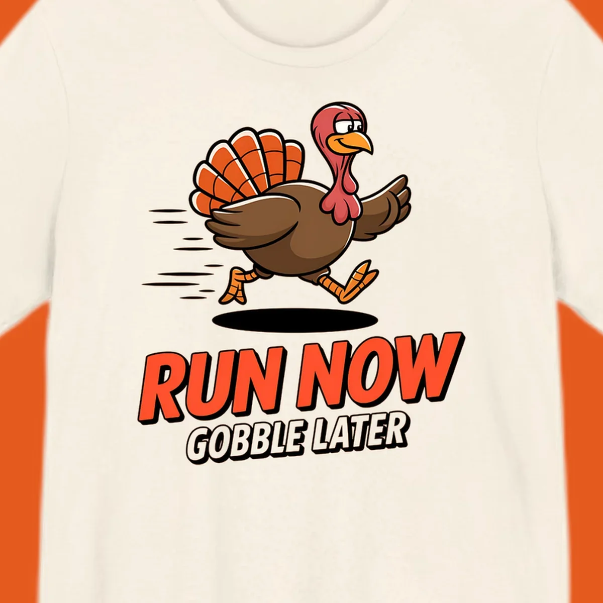 Running turkey illustration with text 'RUN NOW GOBBLE LATER' for Turkey Trot race.