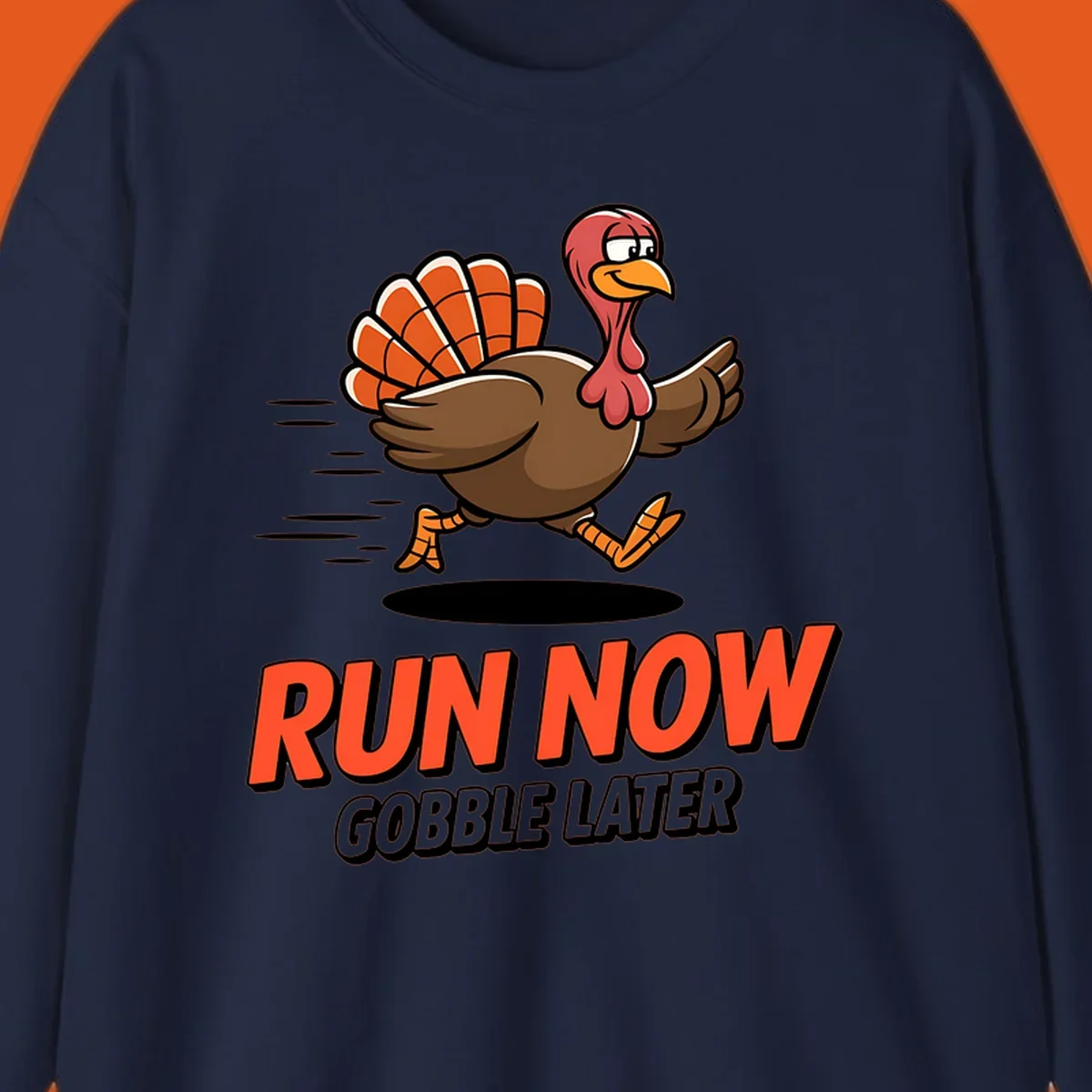 Running turkey illustration with text 'RUN NOW GOBBLE LATER' for Turkey Trot race.