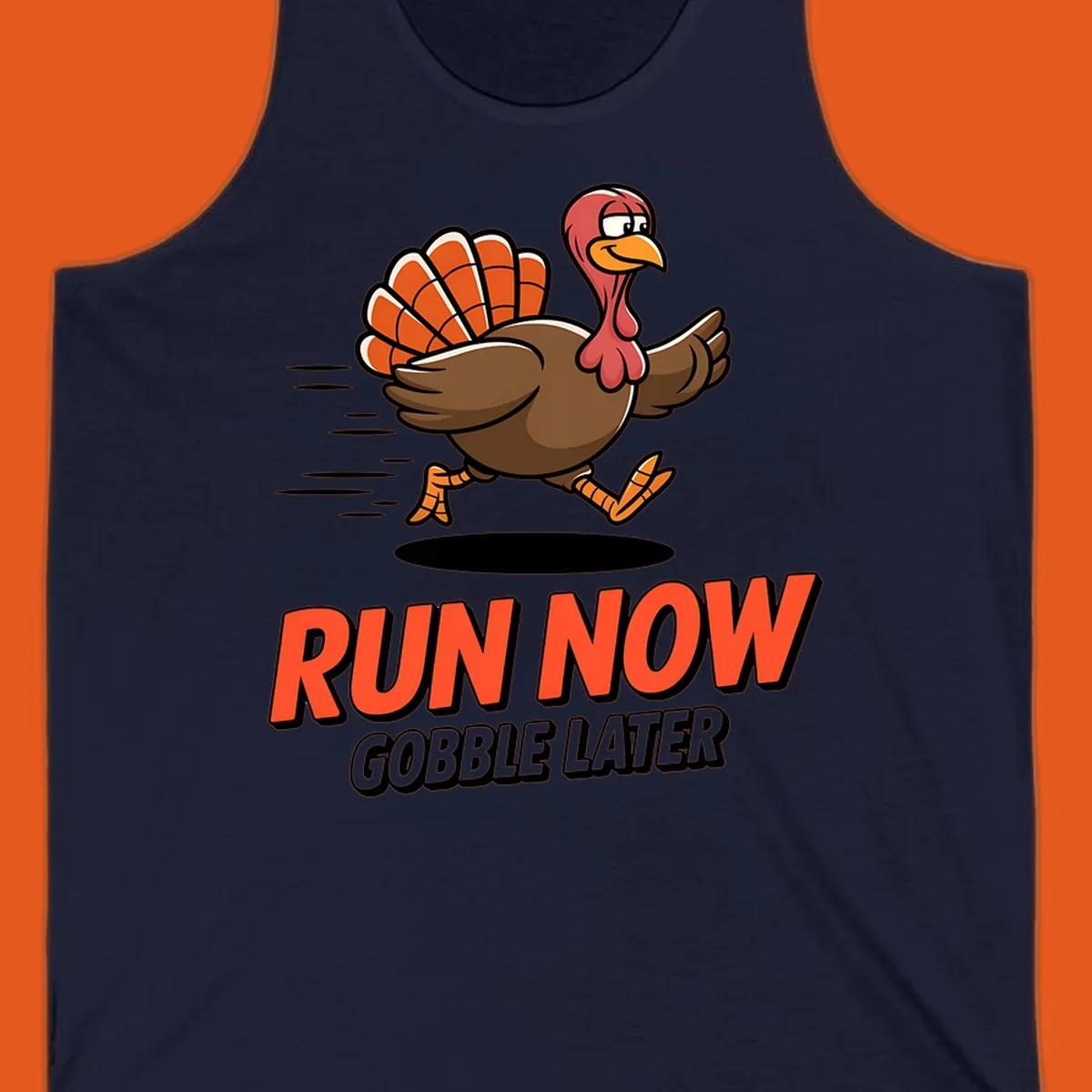 Running turkey illustration with text 'RUN NOW GOBBLE LATER' for Turkey Trot race.