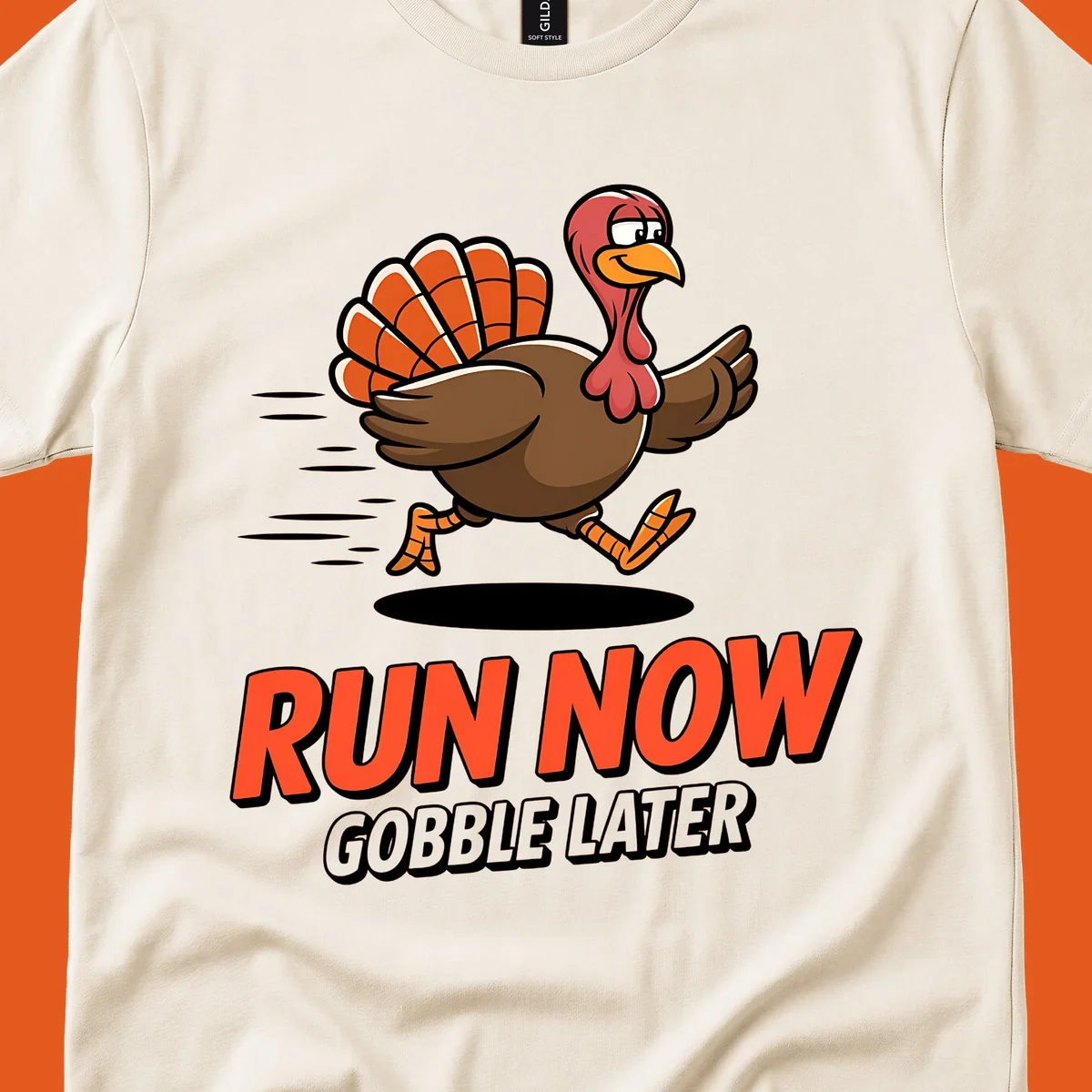 Running turkey illustration with text 'RUN NOW GOBBLE LATER' for Turkey Trot race.