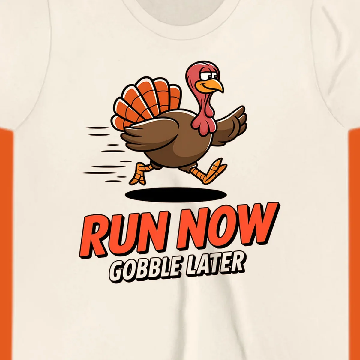 Running turkey illustration with text 'RUN NOW GOBBLE LATER' for Turkey Trot race.
