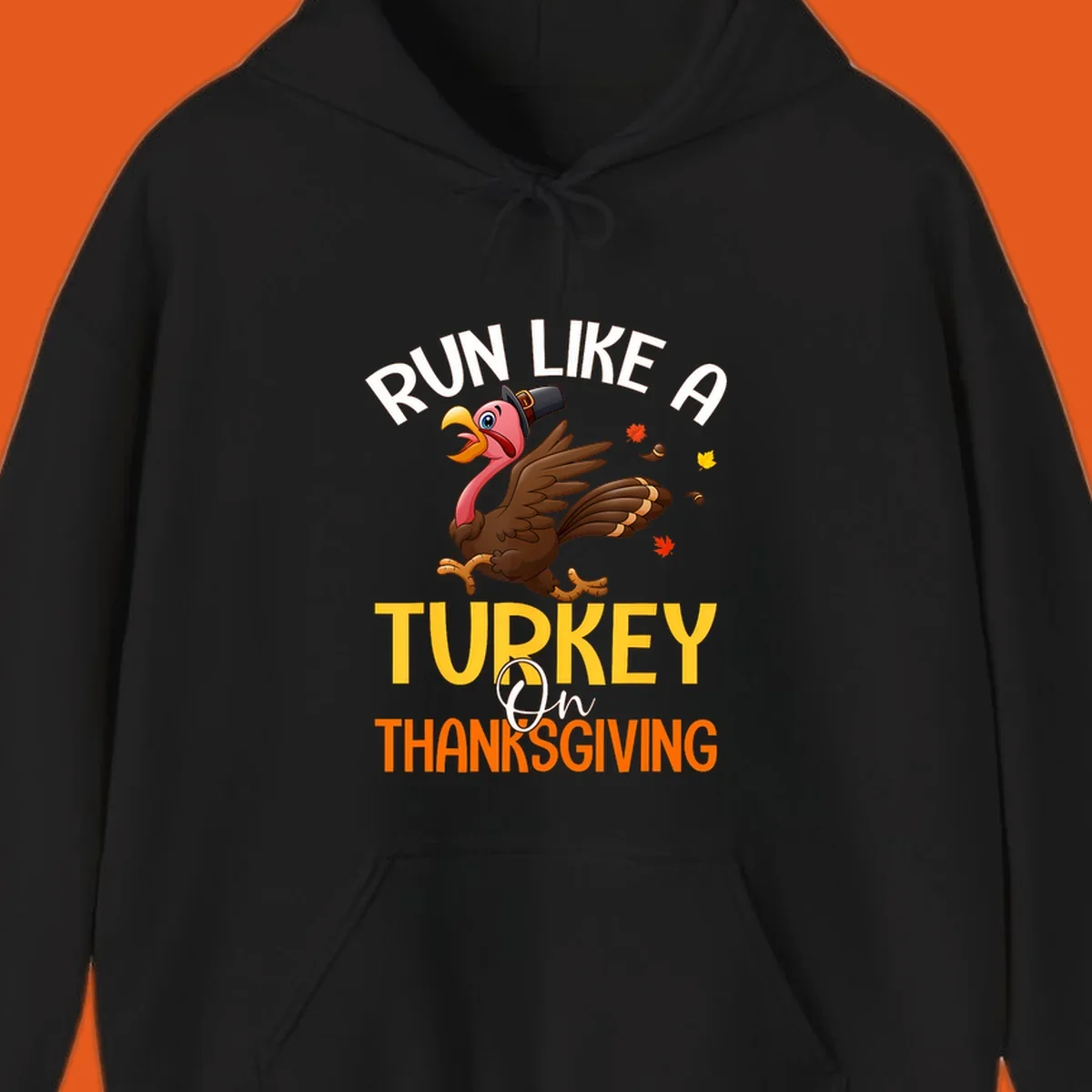 Illustration of a cartoon turkey running with text 'Run Like A Turkey On Thanksgiving', for Thanksgiving Day Turkey Trot runners.