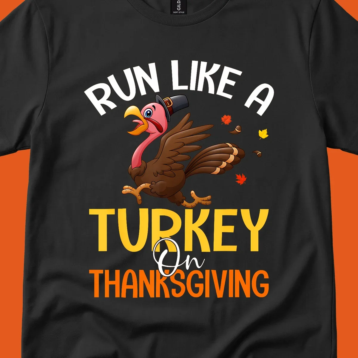 Illustration of a cartoon turkey running with text 'Run Like A Turkey On Thanksgiving', for Thanksgiving Day Turkey Trot runners.