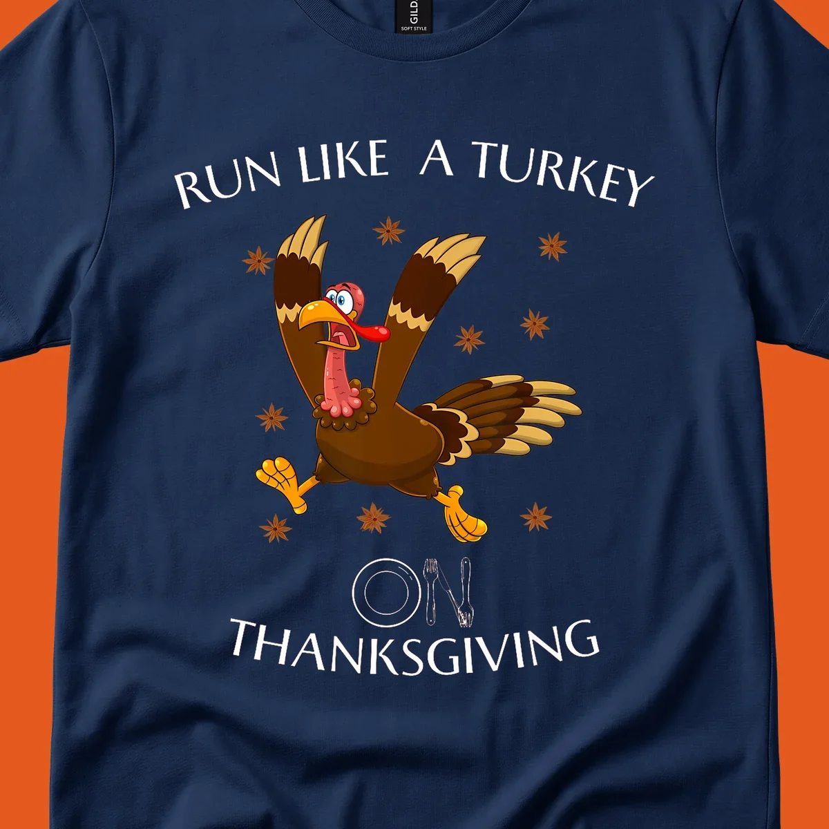 Illustration of a cartoon turkey running with text 'RUN LIKE A TURKEY ON THANKSGIVING'.