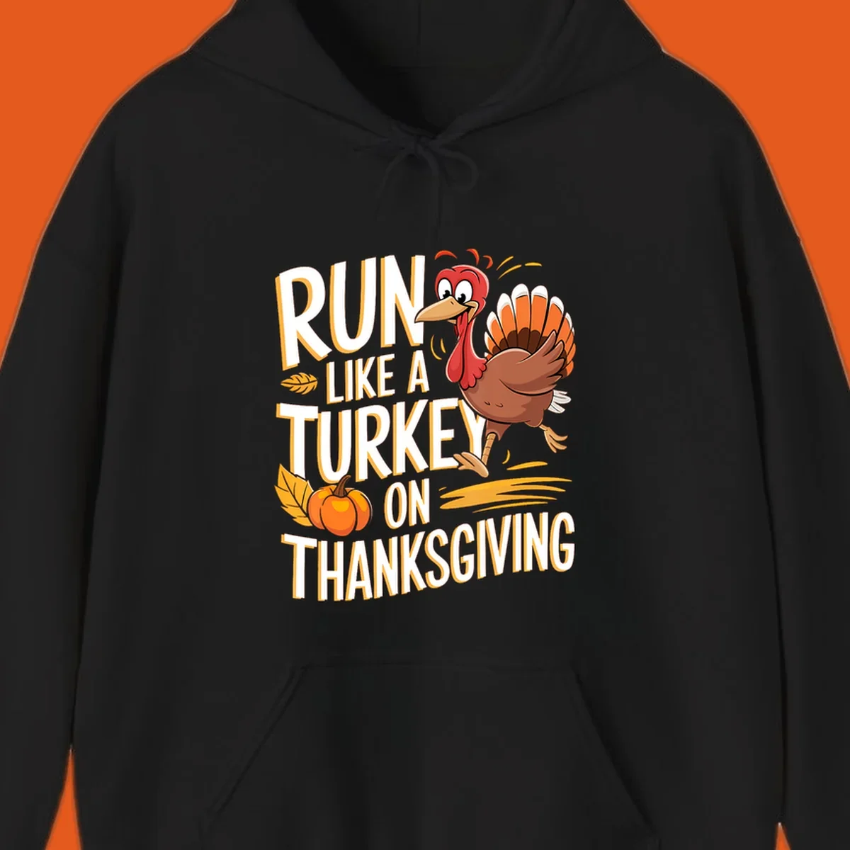 Run Like A Turkey On Thanksgiving text with cartoon turkey and pumpkin. Turkey trot design.