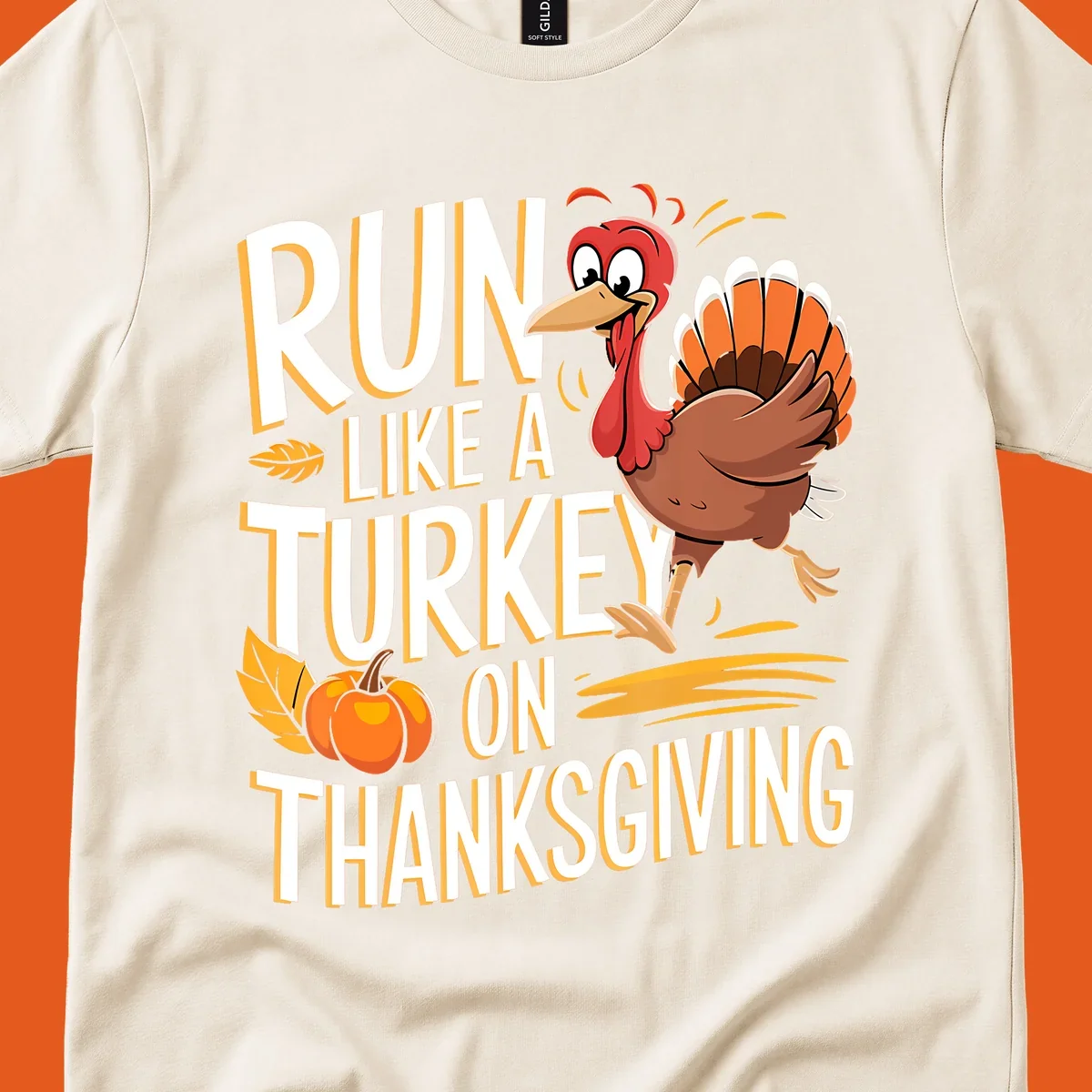 Run Like A Turkey On Thanksgiving text with cartoon turkey and pumpkin. Turkey trot design.