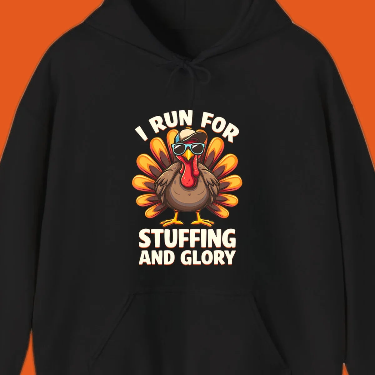 Illustration of a cool cartoon turkey with sunglasses and hat, text says "I Run For Stuffing And Glory", for Turkey Trot.