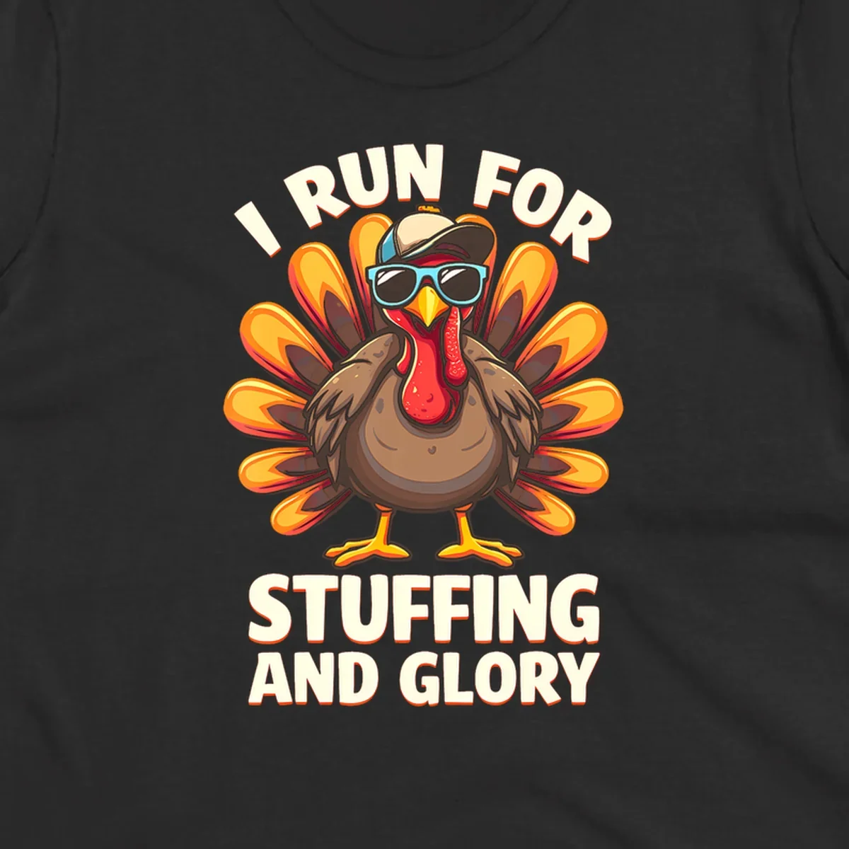 Illustration of a cool cartoon turkey with sunglasses and hat, text says "I Run For Stuffing And Glory", for Turkey Trot.
