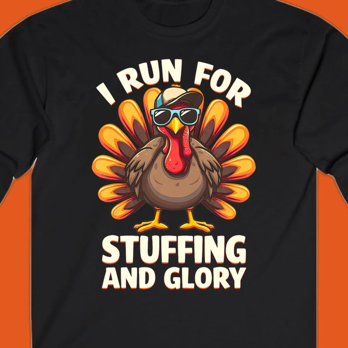 Illustration of a cool cartoon turkey with sunglasses and hat, text says "I Run For Stuffing And Glory", for Turkey Trot.