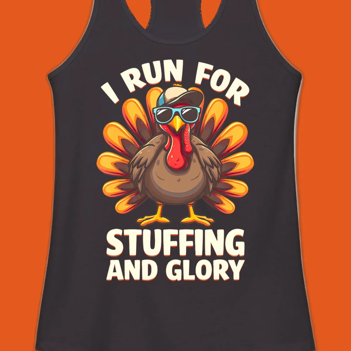 Illustration of a cool cartoon turkey with sunglasses and hat, text says "I Run For Stuffing And Glory", for Turkey Trot.