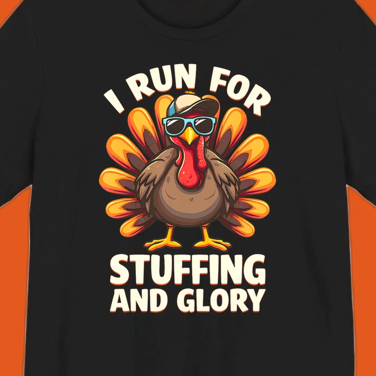 Illustration of a cool cartoon turkey with sunglasses and hat, text says "I Run For Stuffing And Glory", for Turkey Trot.