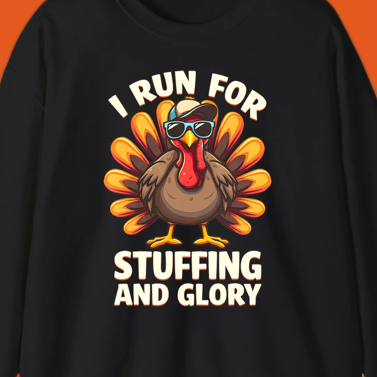 Illustration of a cool cartoon turkey with sunglasses and hat, text says "I Run For Stuffing And Glory", for Turkey Trot.