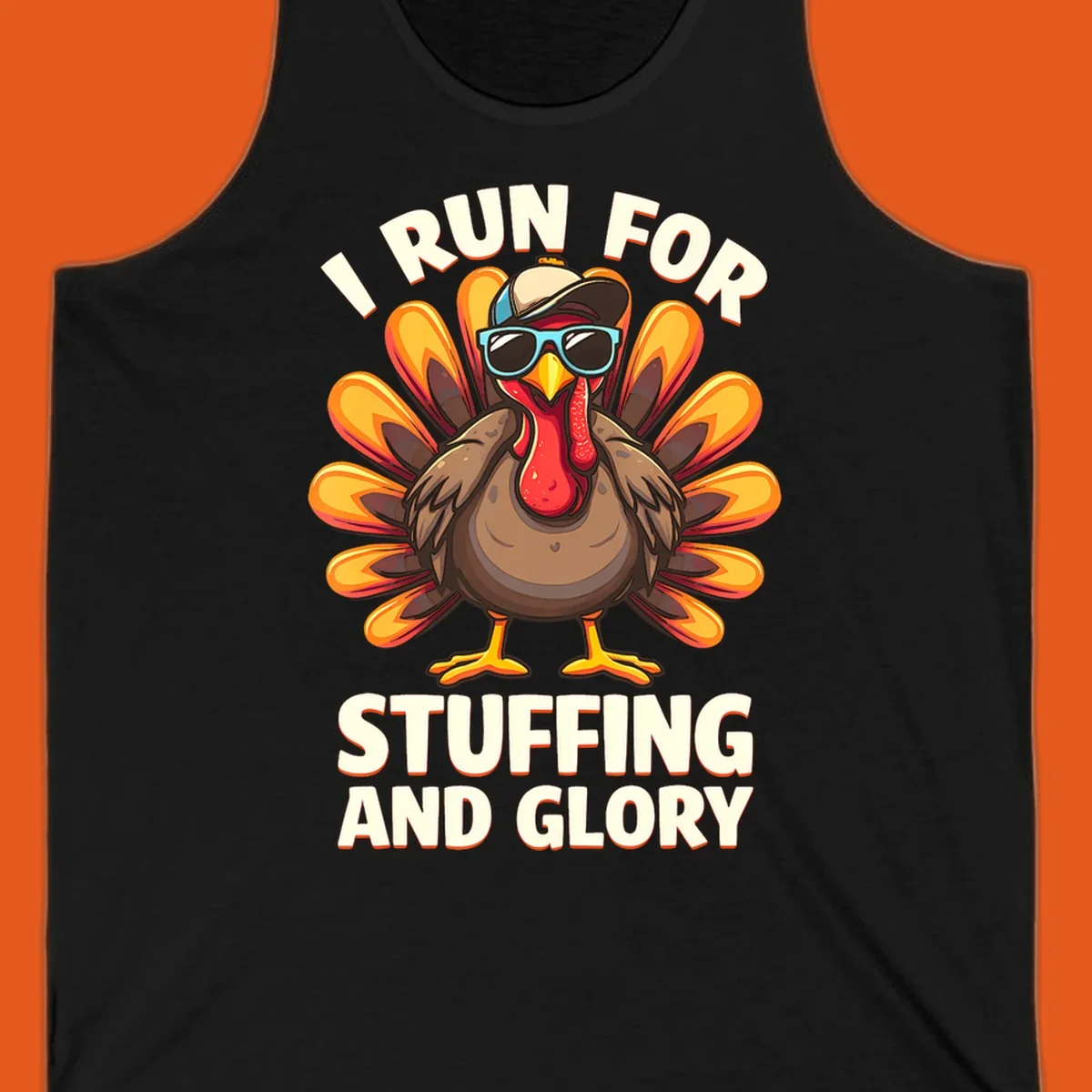 Illustration of a cool cartoon turkey with sunglasses and hat, text says "I Run For Stuffing And Glory", for Turkey Trot.