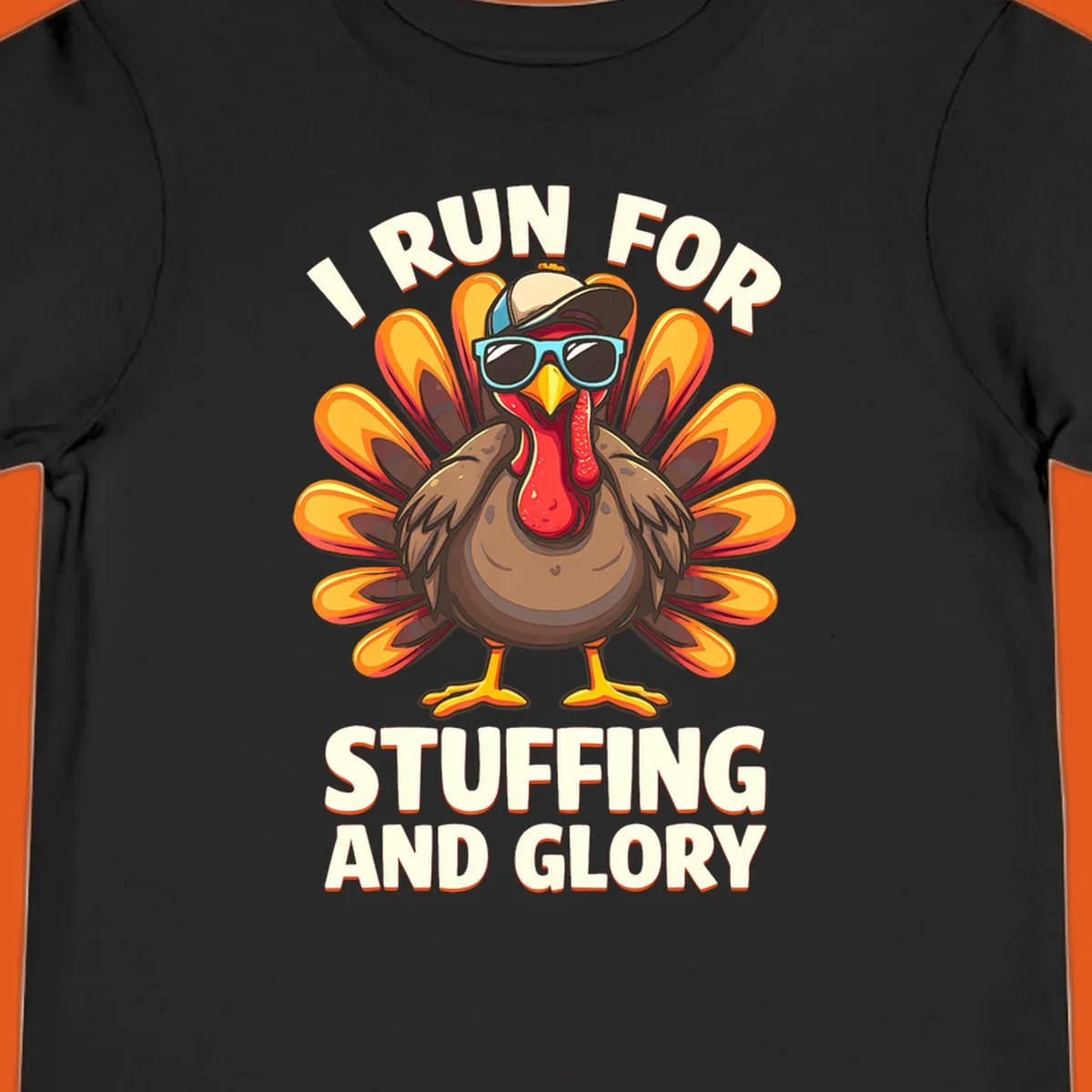 Illustration of a cool cartoon turkey with sunglasses and hat, text says "I Run For Stuffing And Glory", for Turkey Trot.