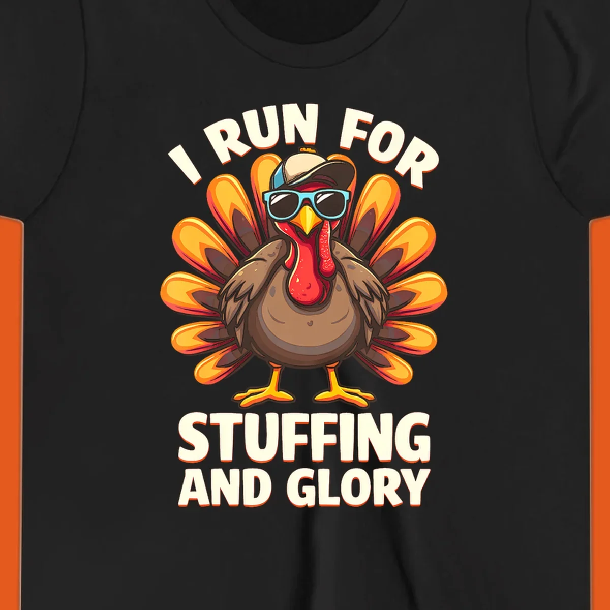 Illustration of a cool cartoon turkey with sunglasses and hat, text says "I Run For Stuffing And Glory", for Turkey Trot.