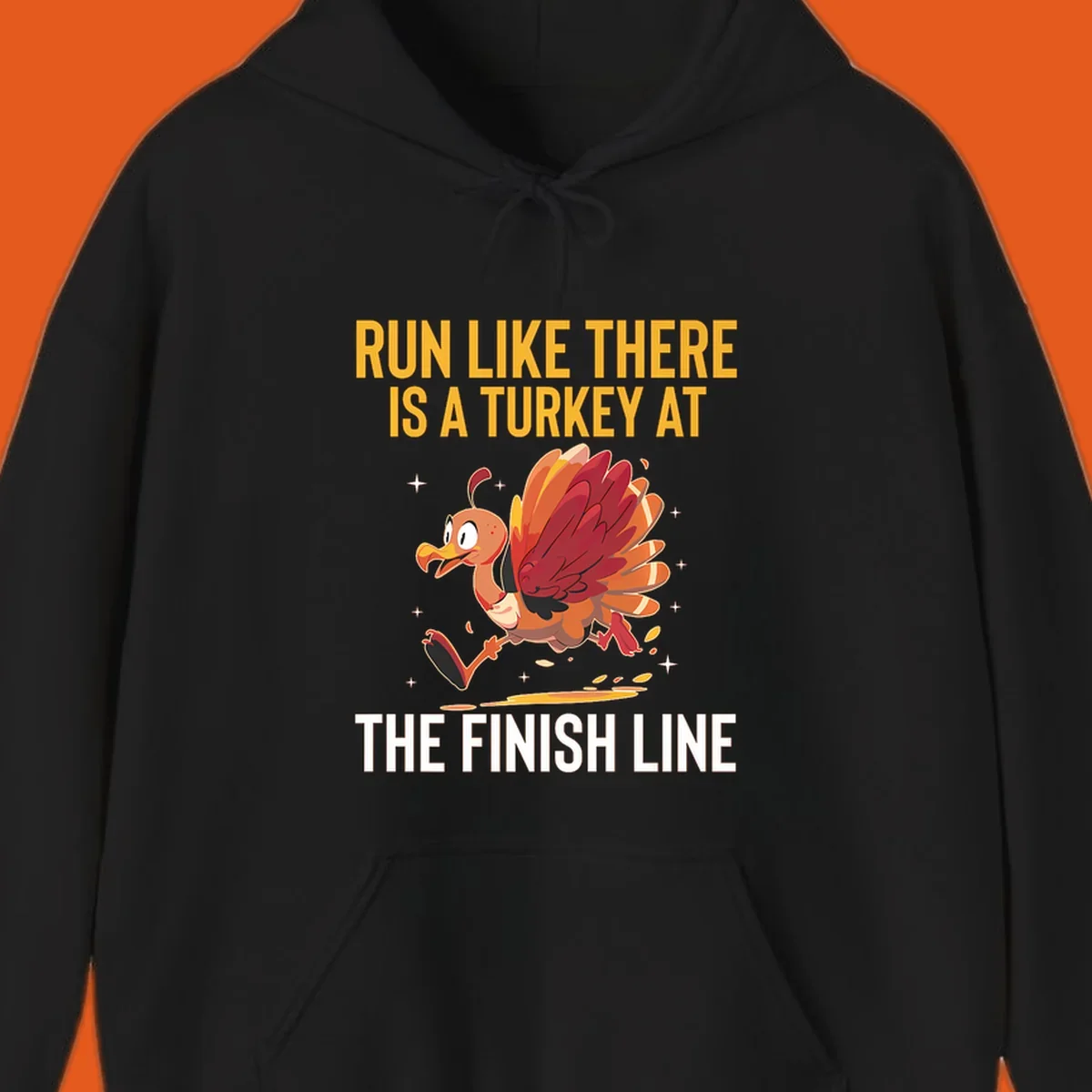 Illustration for a turkey trot run with a cartoon turkey and text that says 'Run Like There Is A Turkey At The Finish Line'.