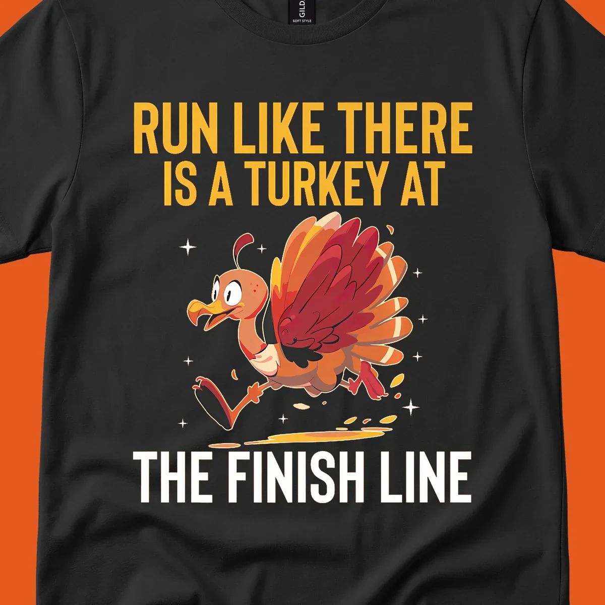 Illustration for a turkey trot run with a cartoon turkey and text that says 'Run Like There Is A Turkey At The Finish Line'.
