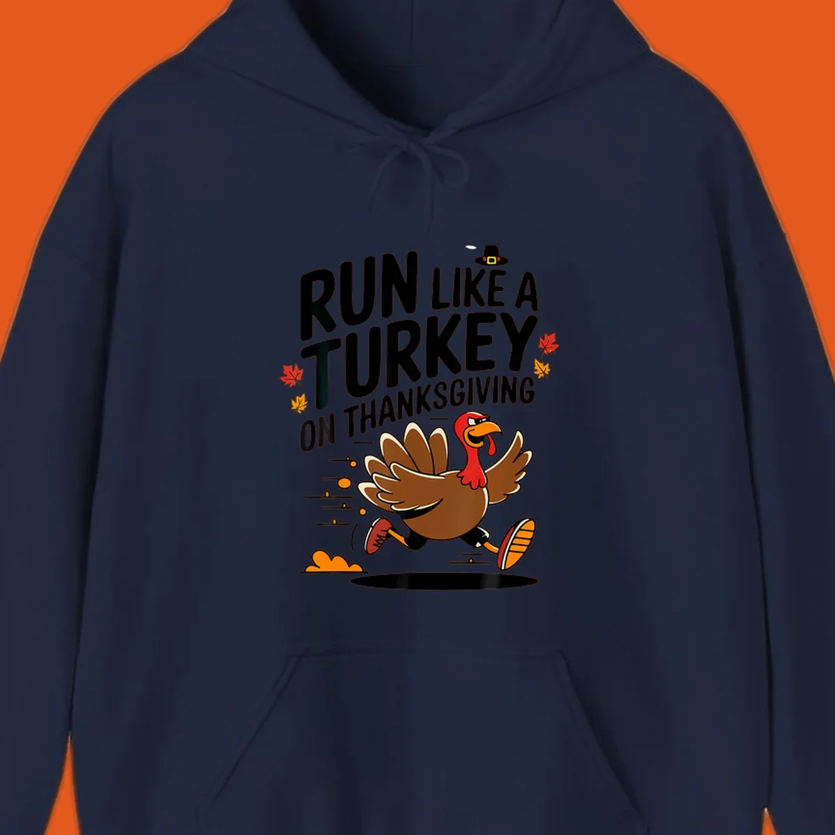 Illustration of a running turkey with text 'Run Like A Turkey On Thanksgiving' for Turkey Trot race day.