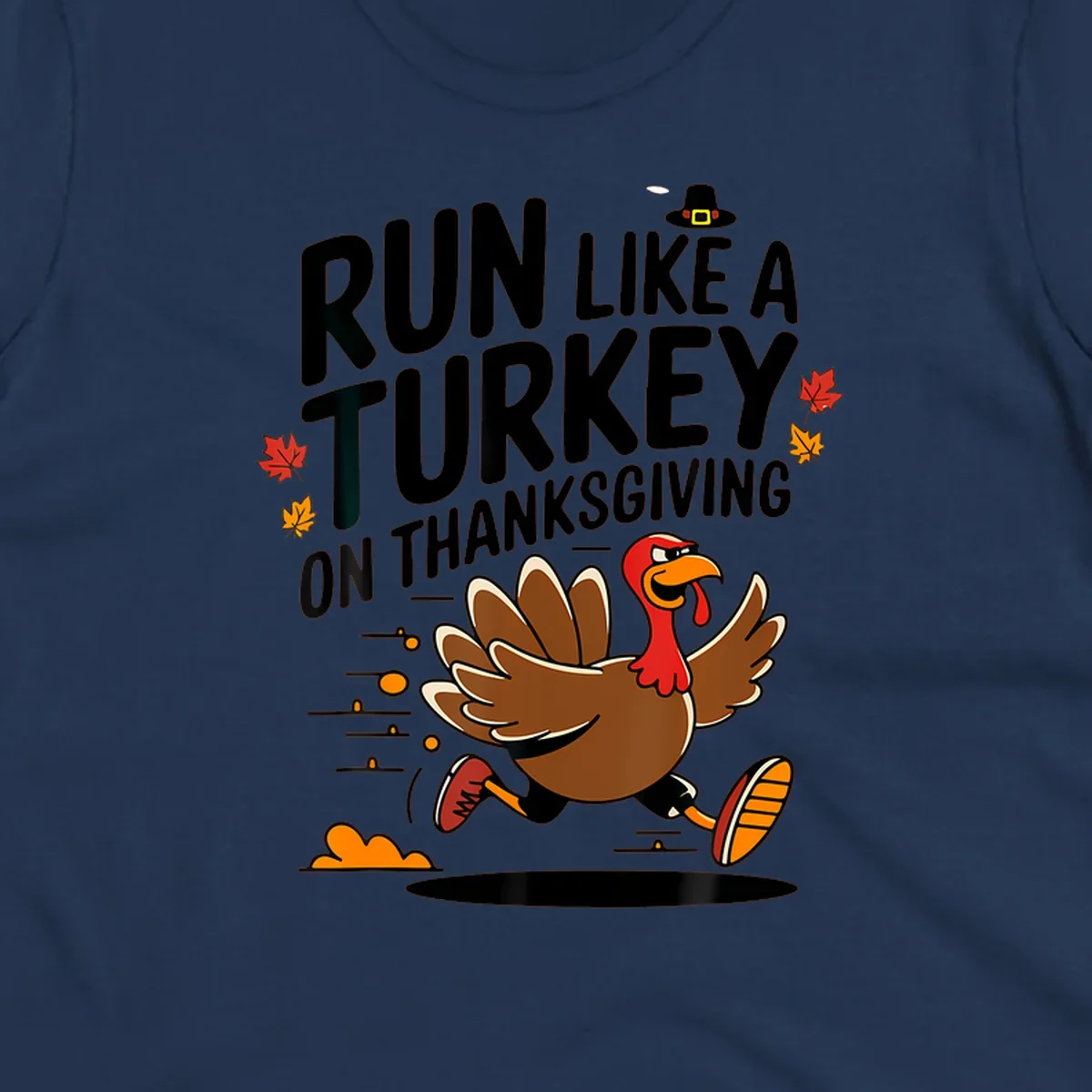 Illustration of a running turkey with text 'Run Like A Turkey On Thanksgiving' for Turkey Trot race day.