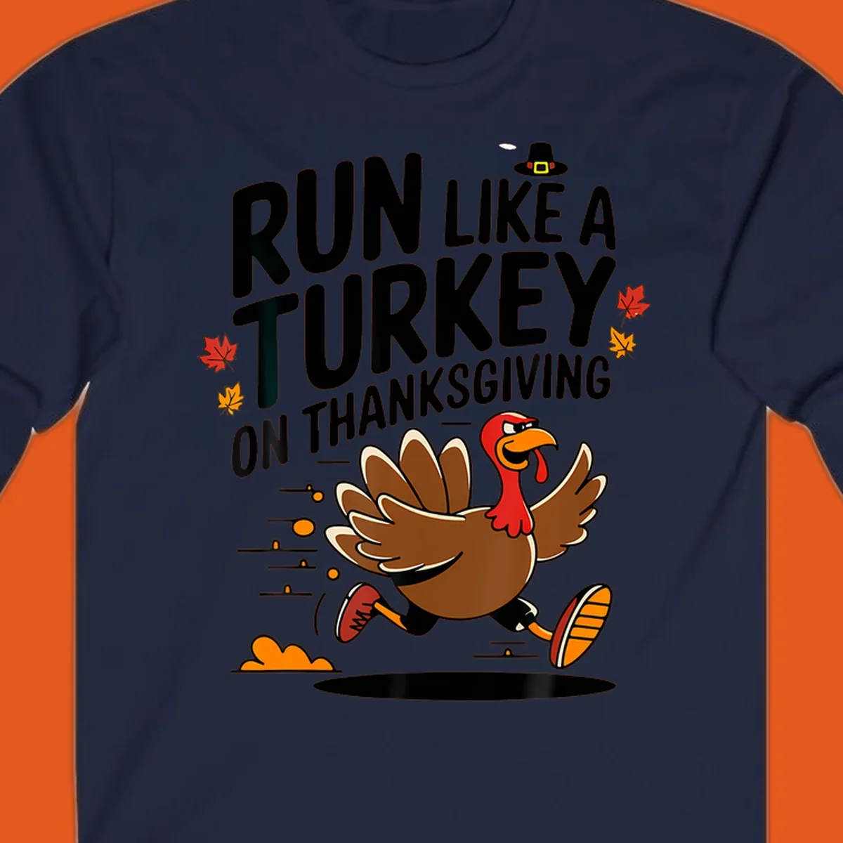 Illustration of a running turkey with text 'Run Like A Turkey On Thanksgiving' for Turkey Trot race day.