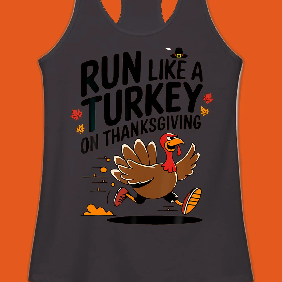 Illustration of a running turkey with text 'Run Like A Turkey On Thanksgiving' for Turkey Trot race day.