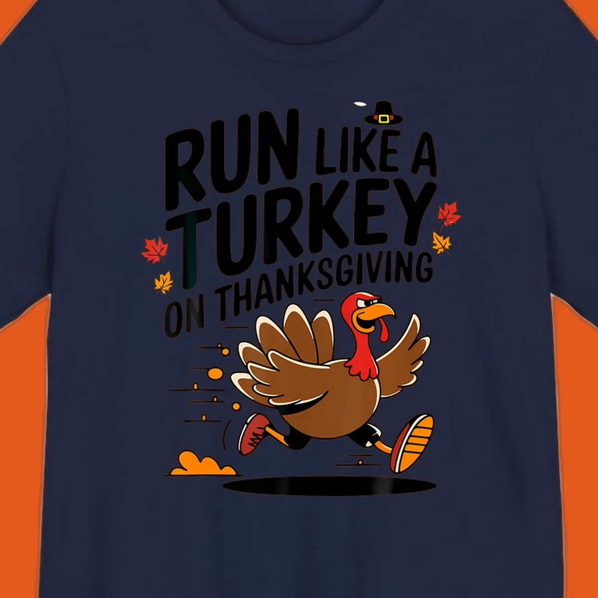 Illustration of a running turkey with text 'Run Like A Turkey On Thanksgiving' for Turkey Trot race day.