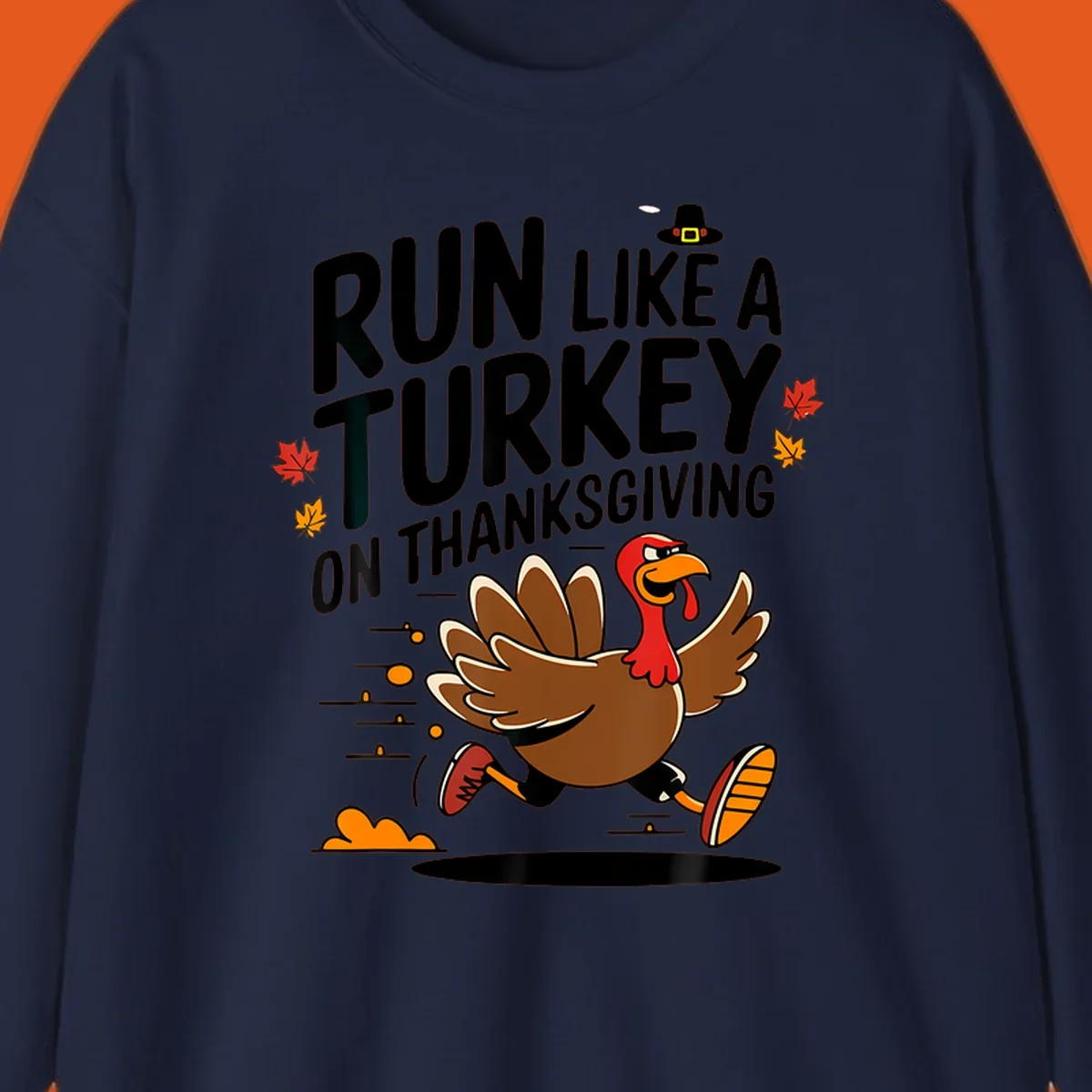Illustration of a running turkey with text 'Run Like A Turkey On Thanksgiving' for Turkey Trot race day.