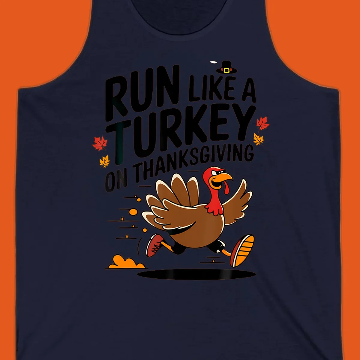 Illustration of a running turkey with text 'Run Like A Turkey On Thanksgiving' for Turkey Trot race day.