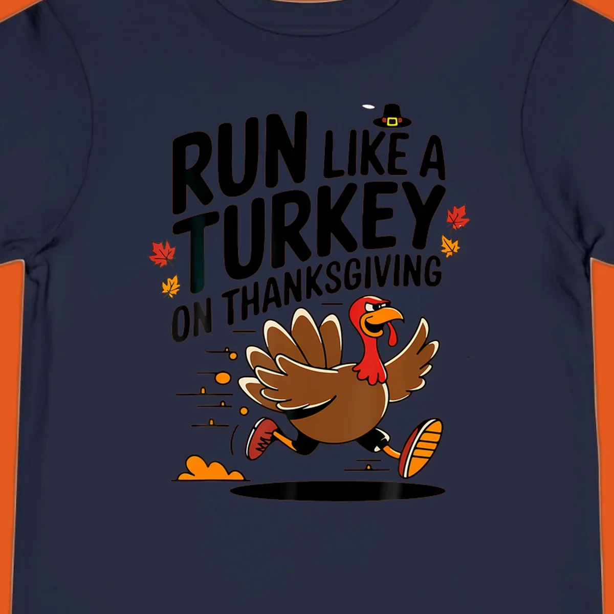 Illustration of a running turkey with text 'Run Like A Turkey On Thanksgiving' for Turkey Trot race day.