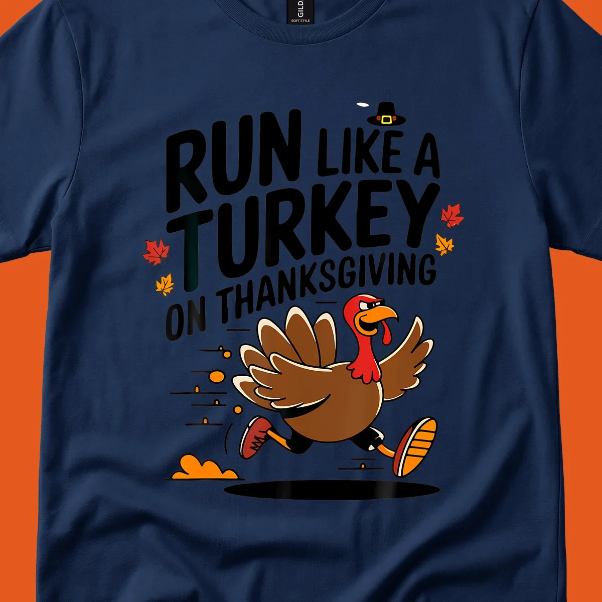 Illustration of a running turkey with text 'Run Like A Turkey On Thanksgiving' for Turkey Trot race day.