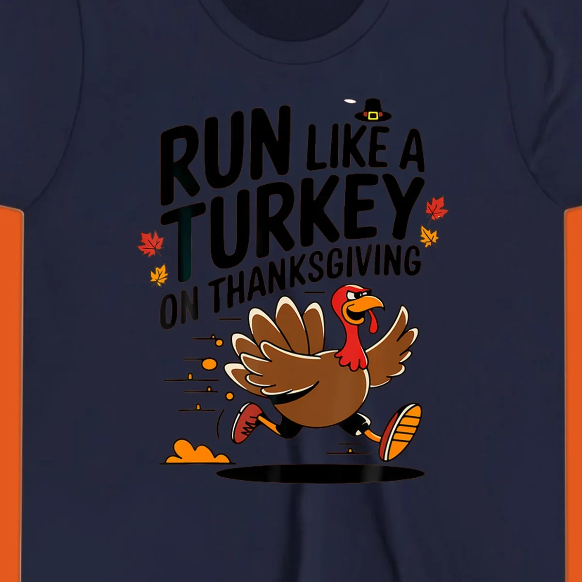 Illustration of a running turkey with text 'Run Like A Turkey On Thanksgiving' for Turkey Trot race day.