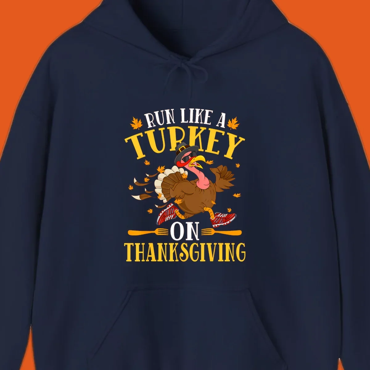 Illustration of a running turkey with text 'Run Like A Turkey On Thanksgiving'.