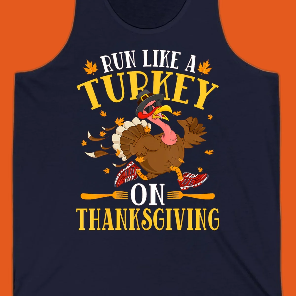 Illustration of a running turkey with text 'Run Like A Turkey On Thanksgiving'.