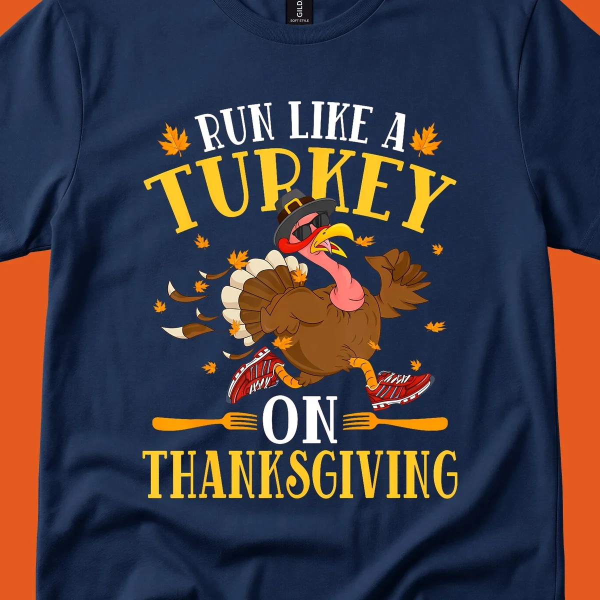 Illustration of a running turkey with text 'Run Like A Turkey On Thanksgiving'.