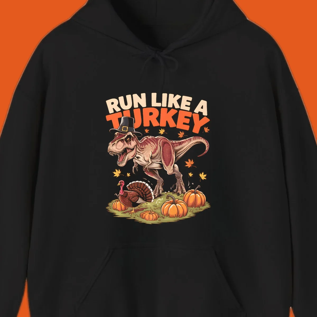 Run Like A Turkey Dinosaur T-Rex with pilgrim hat, turkey, and pumpkins illustration for Thanksgiving.