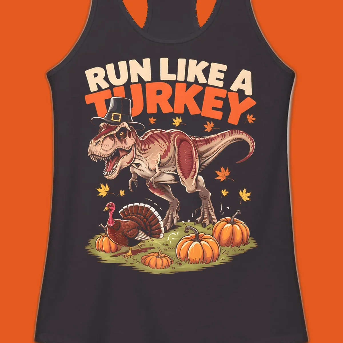 Run Like A Turkey Dinosaur T-Rex with pilgrim hat, turkey, and pumpkins illustration for Thanksgiving.