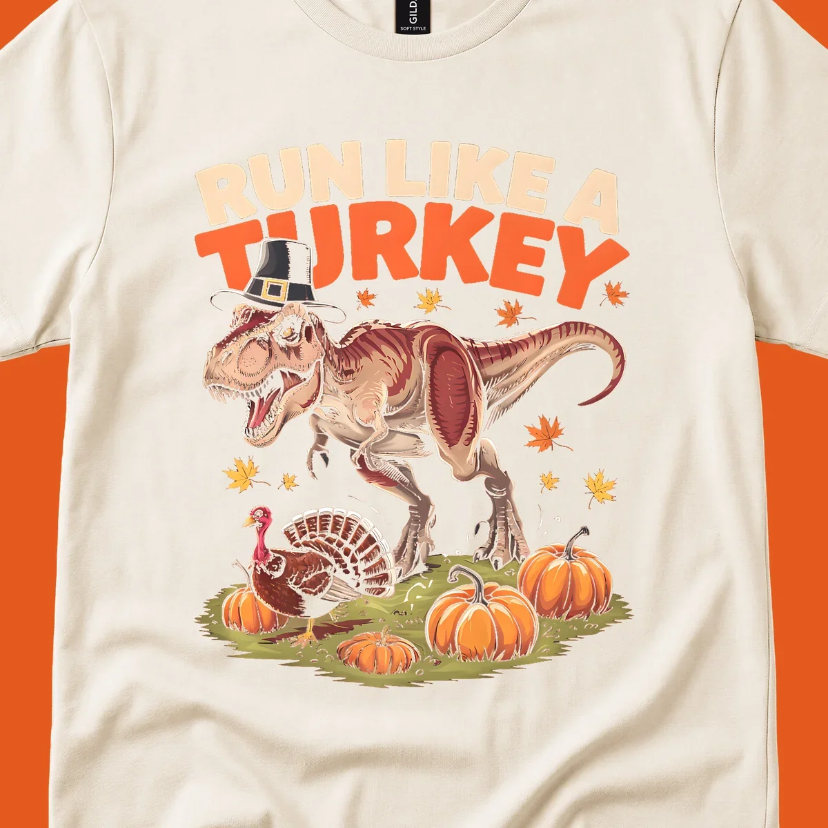 Run Like A Turkey Dinosaur T-Rex with pilgrim hat, turkey, and pumpkins illustration for Thanksgiving.